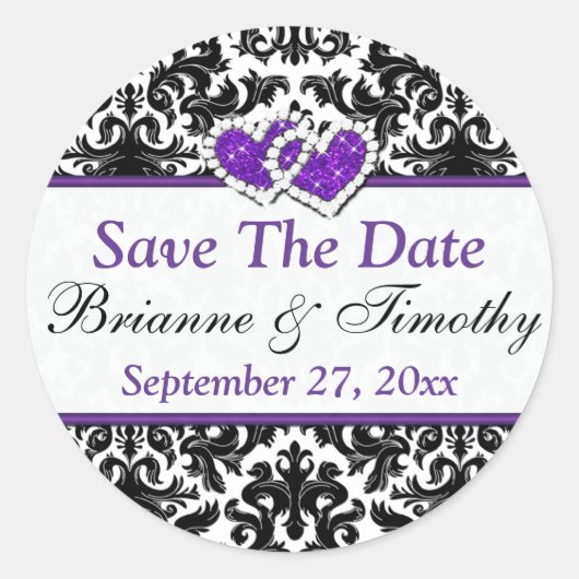 白黒パープルダマスク日付ステッカーを保存 ラウンドシール (正面)