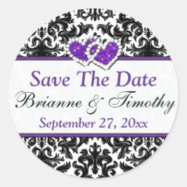 白黒パープルダマスク日付ステッカーを保存 ラウンドシール