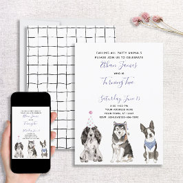 白黒パープルドッグベビーの第2の誕生日パーティー 招待状