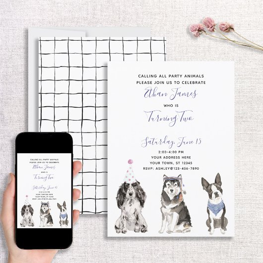 白黒パープルドッグベビーの第2の誕生日パーティー 招待状