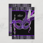 白黒パープルマスカレードパーティーRSVP 出欠カード (正面/裏面)