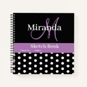 白黒パープルモノグラム水玉模様スケッチ ノートブック (正面)