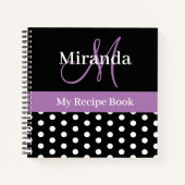 白黒パープルモノグラム水玉模様レシピ ノートブック (正面)