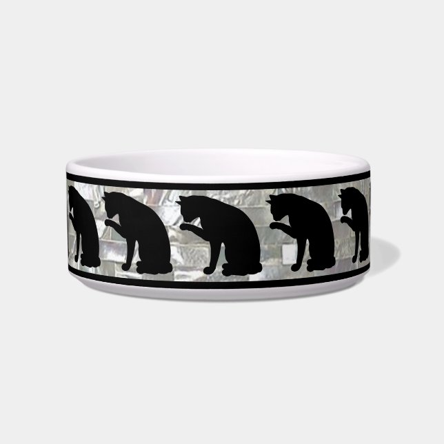 白黒パールタイルのシルエット猫 ボウル (正面)