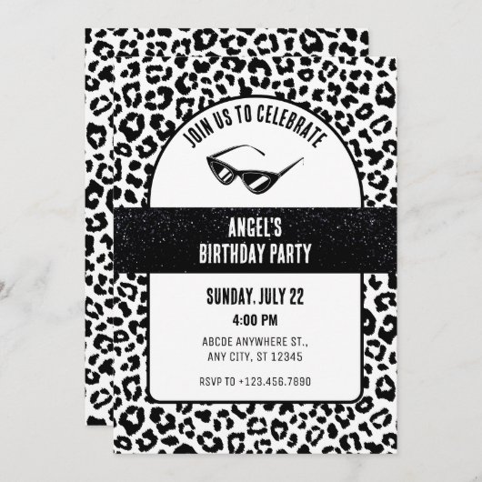 白黒ヒョウグリッター誕生日 招待状 (正面/裏面)
