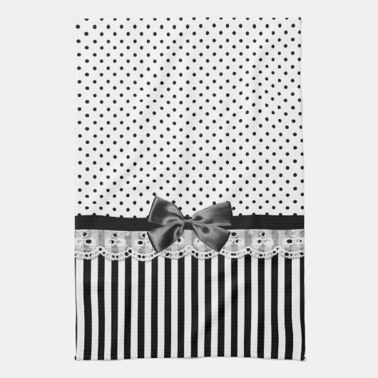 白黒ビクトリア時代の人は弓と縞で飾ります キッチンタオル (縦)