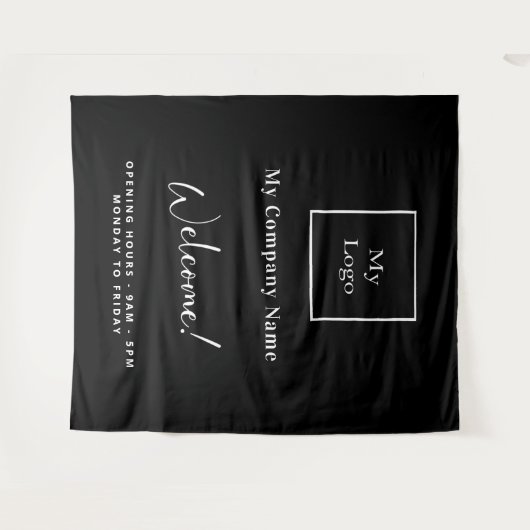 白黒ビジネスロゴ名の営業時間 タペストリー (正面(横))