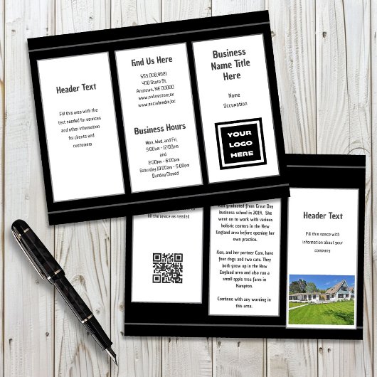 白黒ビジネスロゴ折り畳みパンフレット チラシ