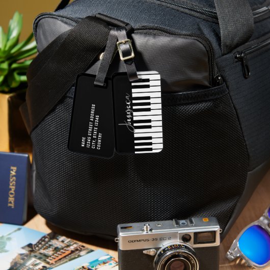 白黒ピアノキーボードモノグラム ラゲッジタグ (正面&裏面)