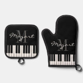 白黒ピアノ鍵カスタムモノグラム 鍋つかみ&鍋敷きセット (正面)