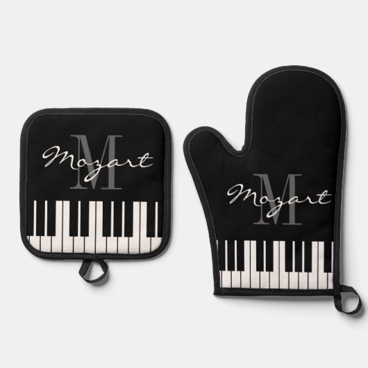白黒ピアノ鍵カスタムモノグラム 鍋つかみ&鍋敷きセット (正面)