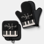 白黒ピアノ鍵カスタムモノグラム 鍋つかみ&鍋敷きセット (正面/裏面)