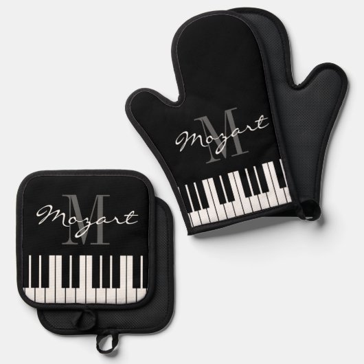 白黒ピアノ鍵カスタムモノグラム 鍋つかみ&鍋敷きセット (正面/裏面)