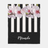 白黒ピンクさくらんぼの花ストライプ黒の名前 フリースブランケット (正面)