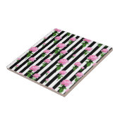 白黒ピンクのバラの花のストライプ花 タイル (側面)