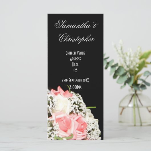 白黒ピンクのバラ教会の結婚式プログラム プログラム (スタンド正面)