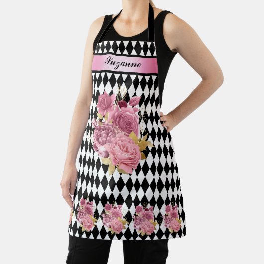 白黒ピンクの花と名前のハーレクイン エプロン (インサイチュ)