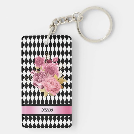 白黒ピンクの花と名前のハーレクイン キーホルダー (裏面)