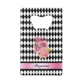 白黒ピンクの花と名前のハーレクイン クレジットカード栓抜き (正面)