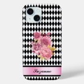 白黒ピンクの花と名前のハーレクイン Case-Mate iPhoneケース (裏面)