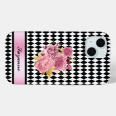 白黒ピンクの花と名前のハーレクイン Case-Mate iPhoneケース (裏面 (横))