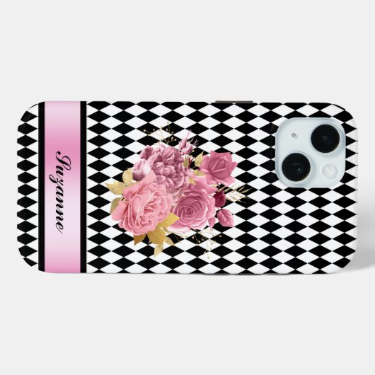 白黒ピンクの花と名前のハーレクイン Case-Mate iPhoneケース (裏面 (横))