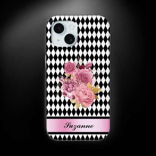 白黒ピンクの花と名前のハーレクイン Case-Mate iPhoneケース