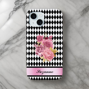 白黒ピンクの花と名前のハーレクイン iPhone 15ケース