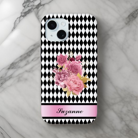 白黒ピンクの花と名前のハーレクイン Case-Mate iPhoneケース