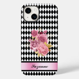 白黒ピンクの花と名前のハーレクイン Case-Mate iPhone 14ケース