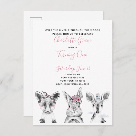 白黒ピンクスクリプトウッドランド誕生日パーティー インビテーションポストカード (正面/裏面)