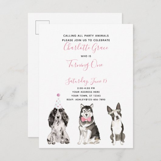 白黒ピンクスクリプトガールの最初の誕生日パーティー インビテーションポストカード (正面/裏面)