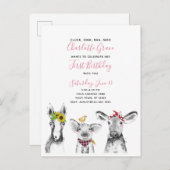 白黒ピンクスクリプトファーム誕生日招待状 インビテーションポストカード (正面/裏面)