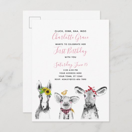 白黒ピンクスクリプトファーム誕生日招待状 インビテーションポストカード (正面/裏面)