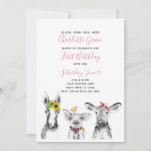 白黒ピンクスクリプトファーム1st誕生日パーティー 招待状 (正面)