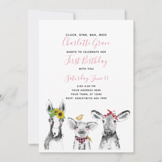 白黒ピンクスクリプトファーム1st誕生日パーティー 招待状 (正面)