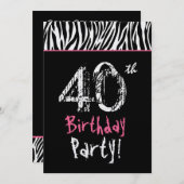 白黒ピンクゼブラストライプ- 40歳の誕生日 招待状 (正面/裏面)