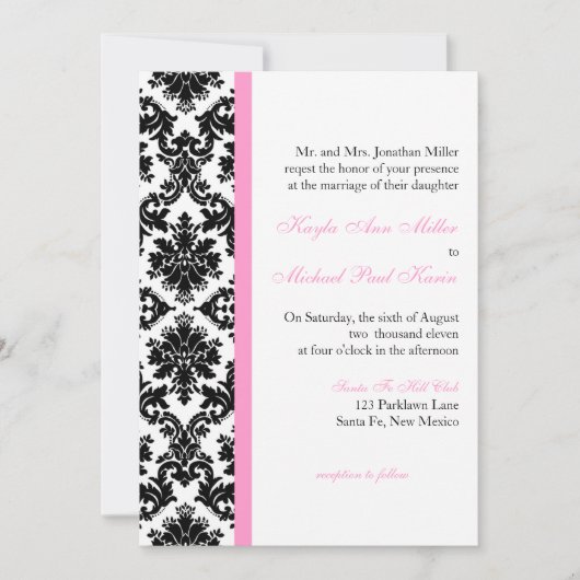 白黒ピンクダマスウェディング招待状 招待状 (正面)