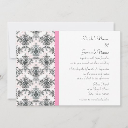 白黒ピンクダマスクウェディング招待状 招待状 (正面)
