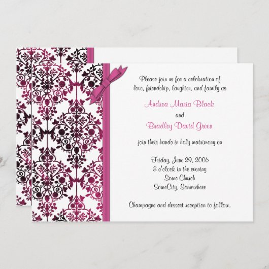 白黒ピンクダマスクフローラ結婚式招待状 招待状 (正面/裏面)