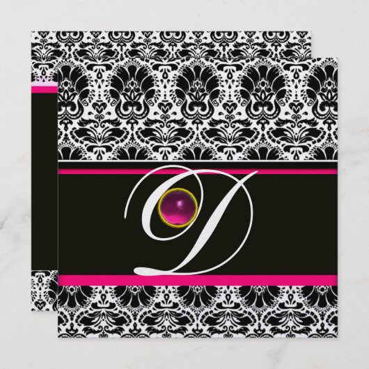 白黒ピンクダマスクモノグラムアメジスト氷 招待状 (正面/裏面)