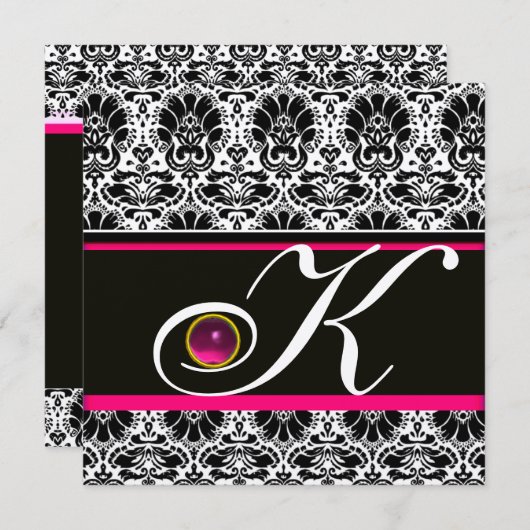 白黒ピンクダマスクモノグラムアメジスト金属 招待状 (正面/裏面)