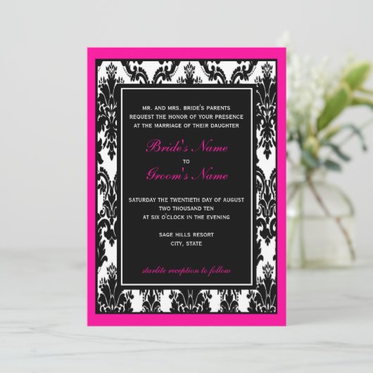 白黒ピンクダマスコウェディング 招待状 (スタンド正面)