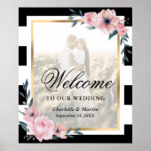 白黒ピンクフローラ写真結婚のウェルカムサイン ポスター (正面)