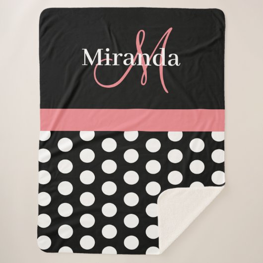 白黒ピンクモノグラムスクリプト水玉模様シェルパ シェルパブランケット (正面)