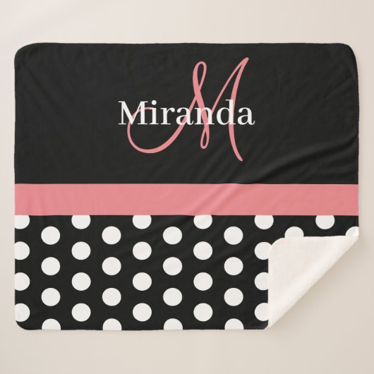 白黒ピンクモノグラムスクリプト水玉模様 シェルパブランケット (正面(横))