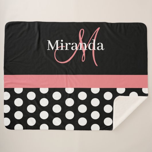白黒ピンクモノグラムスクリプト水玉模様 シェルパブランケット (正面(横))
