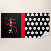 白黒ピンクモノグラムスクリプト水玉模様 ビーチタオル (正面)