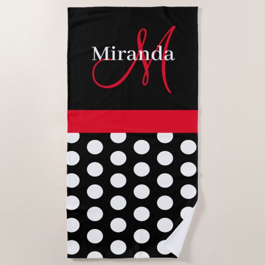 白黒ピンクモノグラムスクリプト水玉模様 ビーチタオル (正面)