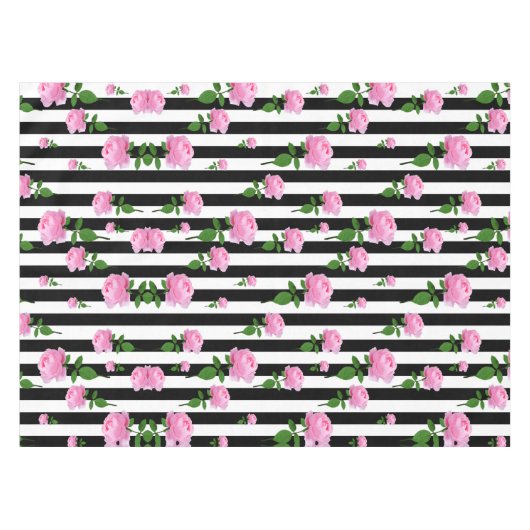 白黒ピンクローズフラワーストライプズライン テーブルクロス (正面(横))